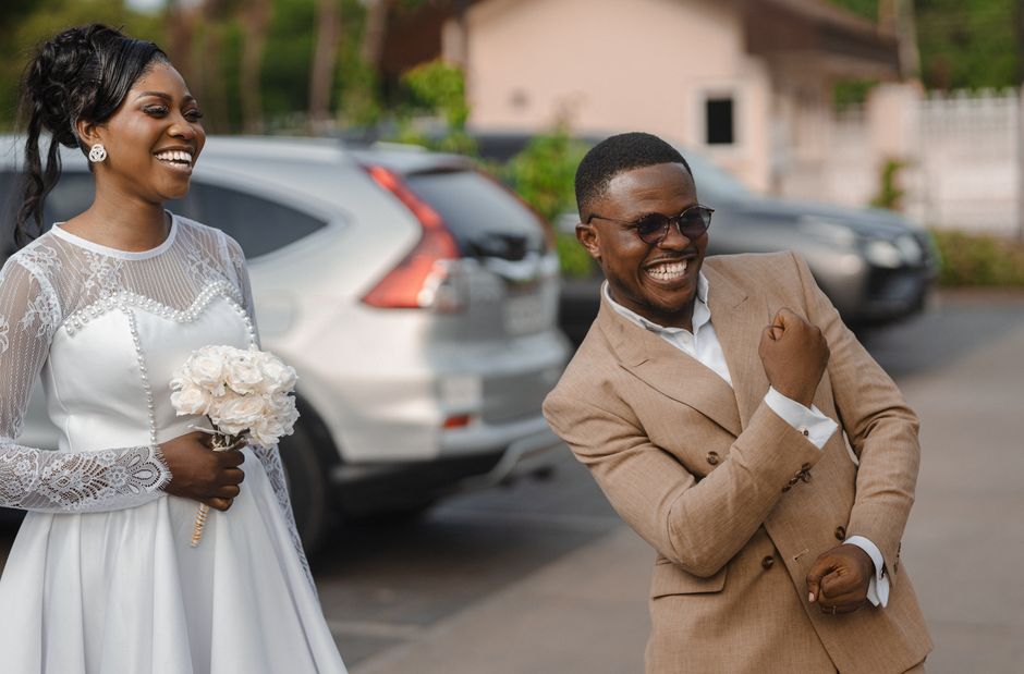 Happy bride and groom enjoying their stress-free day